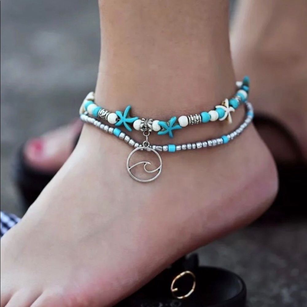 Boho beaded wave starfish turquoise ankle bracelet